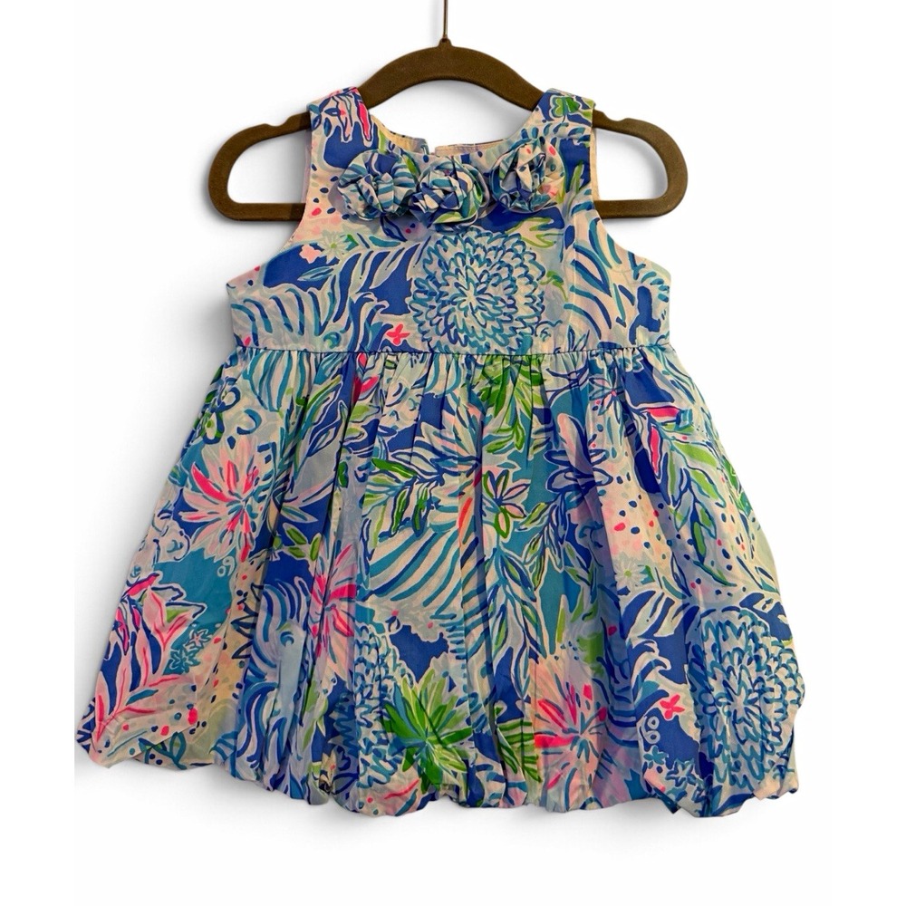 Lilly Pulitzer Baby Britta Bubble Dress Set 12-18M Blue Floral Rosette Bloomers